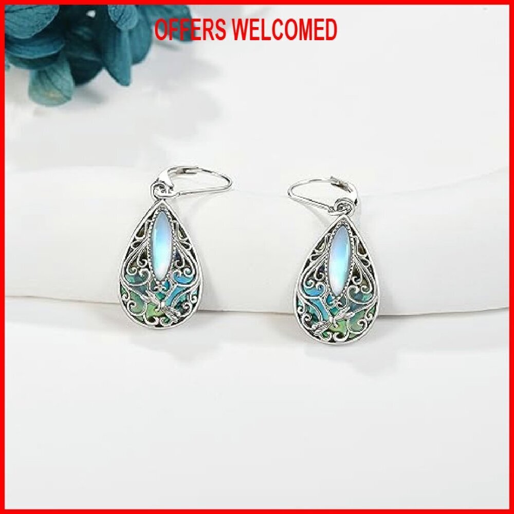 Sterling Silver Teardrop Abalone Shell Drop Dangle Earrings Leverback - Picture 4 of 8